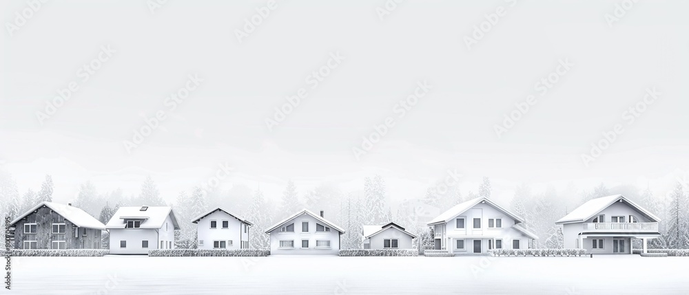 A white urban background with copy space, showcasing a row of houses on a misty day, perfect for conveying a blank design and urban concept 8K , high-resolution, ultra HD,up32K HD