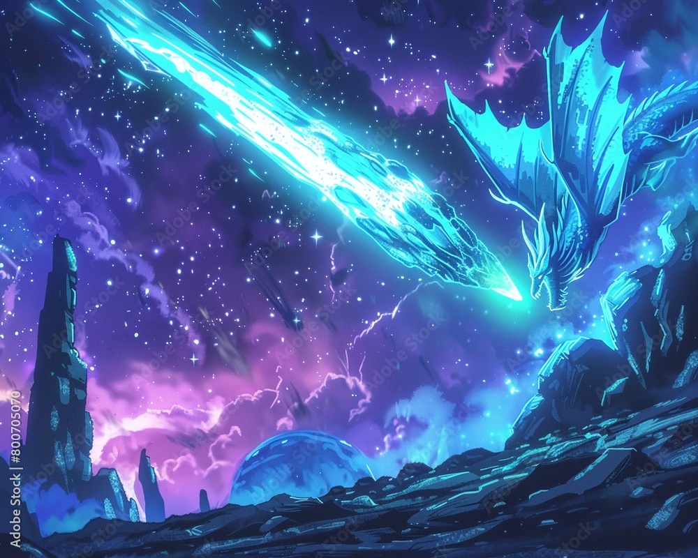 Obraz premium An asteroid of considerable size, with a dragon in flight, approaching Earth in a dramatic and fantastical manner