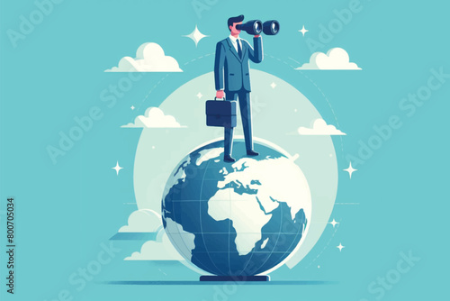 looking at future opportunities, a businessman standing on a globe holding binoculars