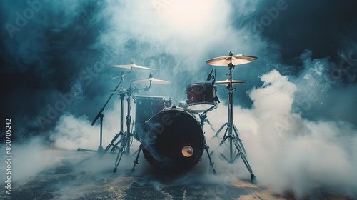 Drum kit on a stage enveloped in smoke, against a white background, producing an immersive sound cloud photo