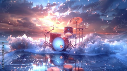 Drum kit on a stage enveloped in smoke, against a white background, producing an immersive sound cloud photo