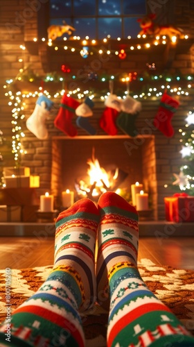 Feet in striped knitted multicolored socks in front of a cozy fireplace on Christmas Eve, creating a warm winter evening at home