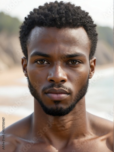 beach background close-up portrait of handsome black african guy from Generative AI