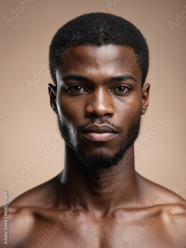 plain brown background close-up portrait of handsome black african guy from Generative AI
