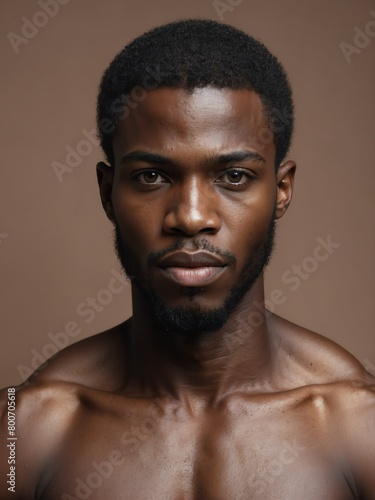 plain brown background close-up portrait of handsome black african guy from Generative AI