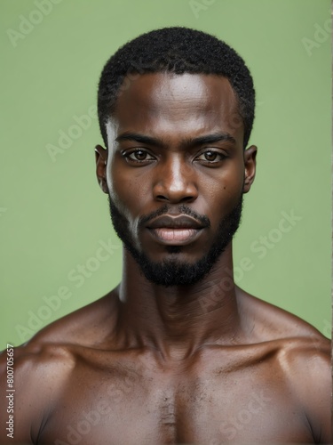 plain green background close-up portrait of handsome black african guy from Generative AI
