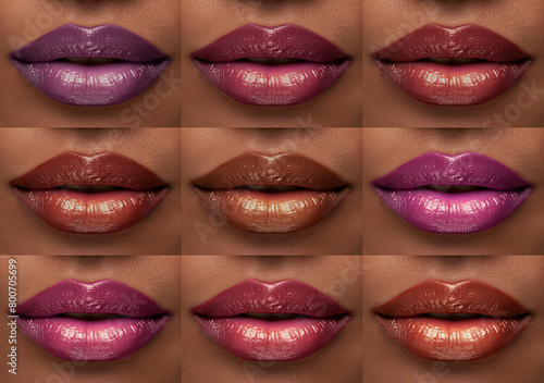 Close-up set or collage of women s lips with different bright shades of lipstick