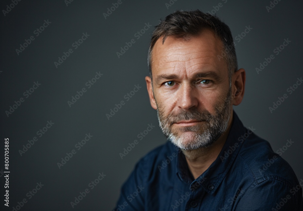photo of a handsome middle age man with short hair and beard wearing a dark blue shirt