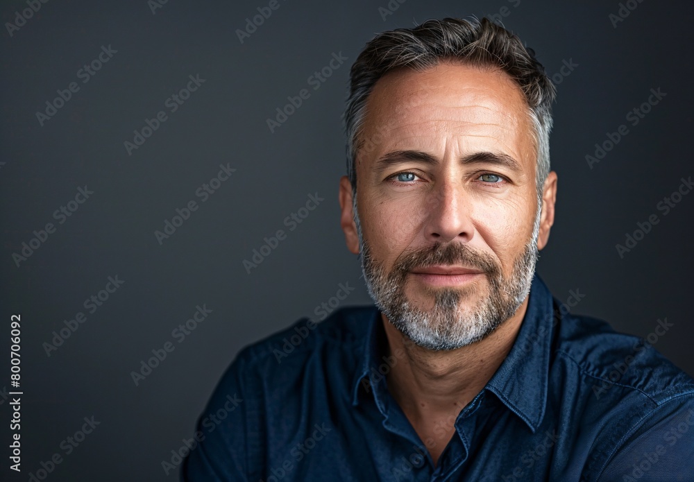 photo of a handsome middle age man with short hair and beard wearing a dark blue shirt