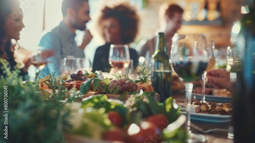 A group of diverse individuals attending a ZeroAlcohol Gourmet Club meeting engaged in conversation and enjoying a variety of gourmet snacks and drinks. photo