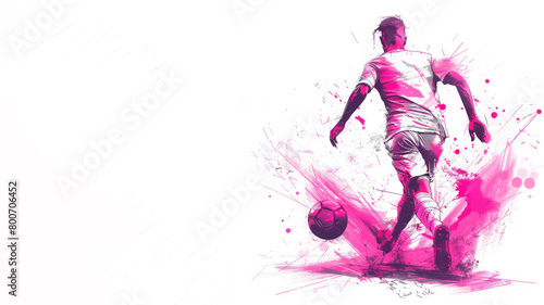 Pink watercolor painting of soccer man player in action view from back