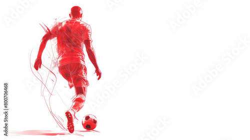 Red watercolor painting of soccer man player in action view from back