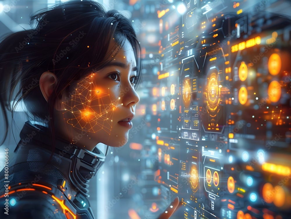 an intriguing visual concept featuring a futuristic AI cyborg character ...