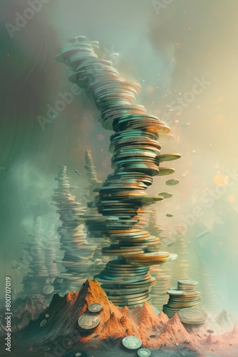 High Coin Stack 🪙 Towering Pile of Coins 💰 Wealth Accumulation Illustration