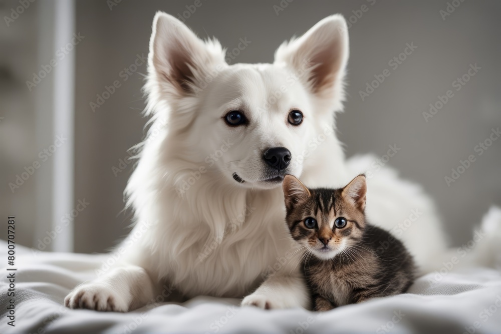 'kitten dog white looking background isolated camera cat relation baby2 toddler mammal paw calm view friendship carnivore studio posing love portrait cute family small funny lying front human'