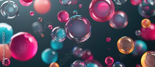 Colored transparent balls on a dark gray background. Abstract background or screensaver for a 34-inch widescreen monitor. AI generative.