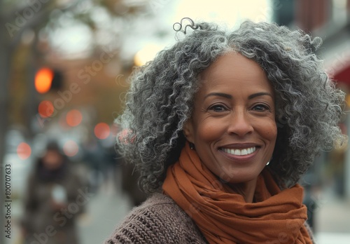 portrait of a beautiful black woman with curly grey hair in the streets smiling