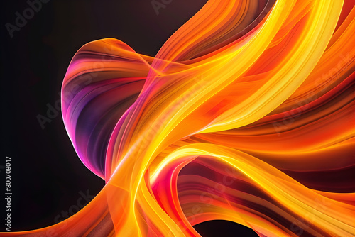 Neon waves intertwining in shades of orange and yellow. Captivating artwork on black background.