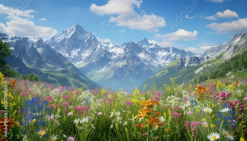 Bright mountain and flower garden scenery.