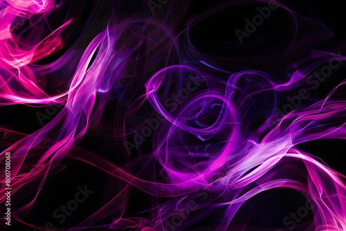 Dynamic neon swirls in shades of pink and purple. Fascinating artwork on black background.
