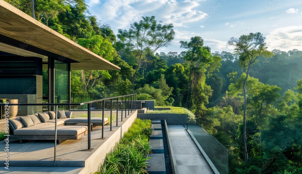 A Modern Home With a Spacious Deck Overlooking a Dense Jungle, Featuring Plush Outdoor Seating and a Harmony of Contemporary Design and Nature