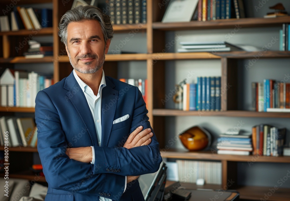 portrait of handsome smiling businessman standing in a blue suit with his arms crossed looking at the camera while working on a laptop and posing for a photo portrait of handsome smiling businessman standing in a blue suit with his arms crossed looking at the camera while working on a laptop and posing for a photo