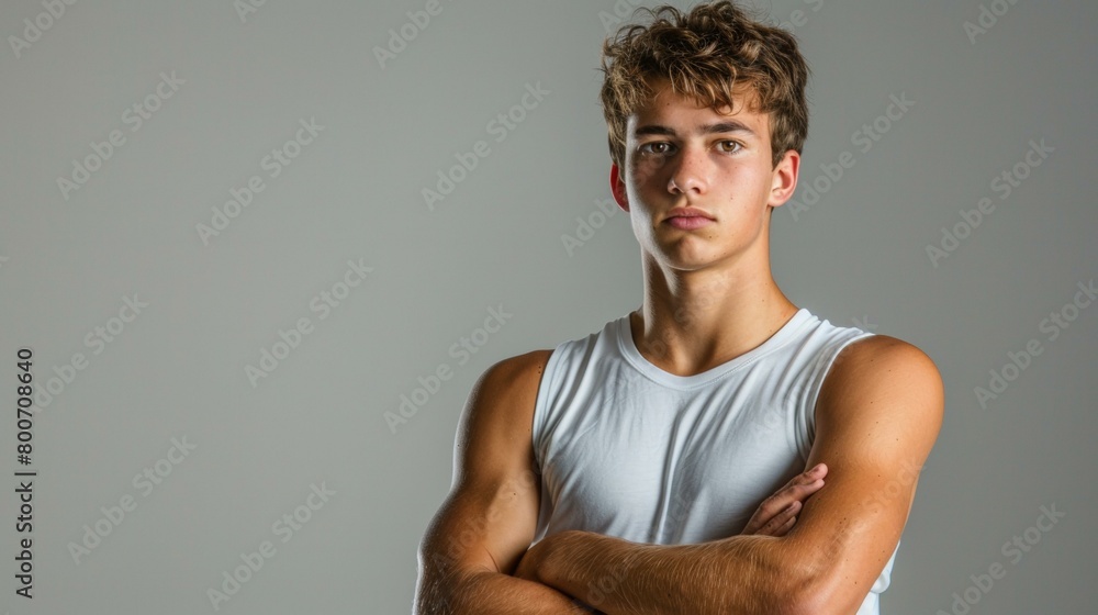 Confident young male athlete in white tank top posing before competition, using gray background, evoking determination and focus, copy space. Confident young male athlete in white tank top posing before competition, using gray background, evoking determination and focus, copy space.