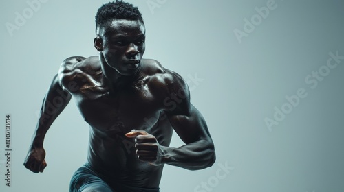 Powerful sprinter in motion, showcasing speed and strength in moody, dramatic lighting, ideal for themes of athletic prowess and competition. Copy space.
