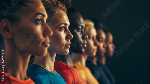 Vibrant lineup of six athletes in colorful sportswear, representing unity and diversity, evoking Olympic spirit and global competition. photo