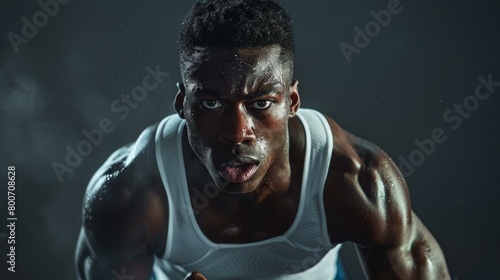 Intense Black male athlete in peak competition form during sprinting event, showcasing strength and determination, under dramatic lighting. Copy space. © BrightWhite