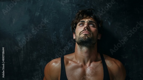 Vibrant male athlete takes break against dark textured background in intense training session, emphasizing strength and determination in solo sports. Copy space. © BrightWhite