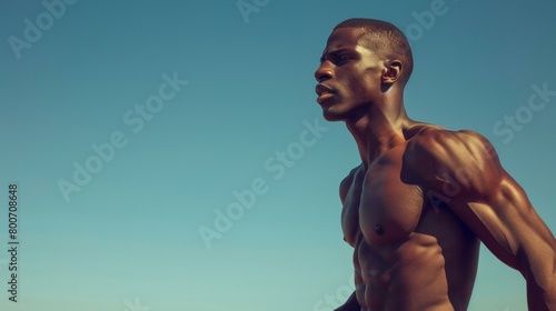 Majestic male athlete in peak physical condition sprinting against clear blue sky, embodying determination and strength, ideal for Olympic Games themes. Copy space photo