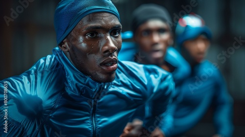 Intense training session with three focused male athletes dressed in blue, capturing determination, teamwork, and athletic spirit in pre-Olympic preparation. © BrightWhite
