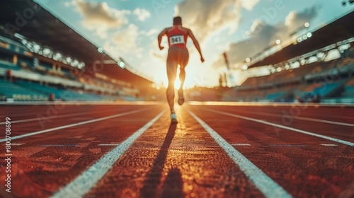 Vibrant sprinter racing on red track in stadium during golden hour, embodying Olympic spirit and competitive zeal, sunset backdrop enhances dynamic energy. Copy space. photo