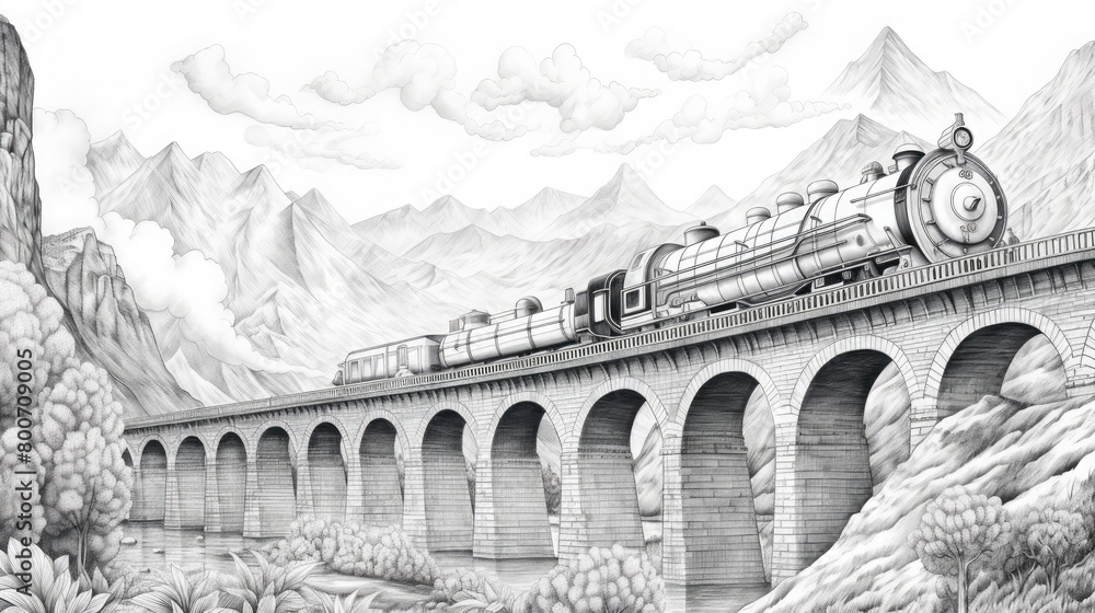 Obraz premium Classic Bridge Sketch with Train 🚂 Vintage Train on Classic Bridge Illustration ✏️ Nostalgic Transportation Scene