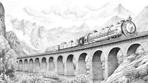 Classic Bridge Sketch with Train 🚂 Vintage Train on Classic Bridge Illustration ✏️ Nostalgic Transportation Scene