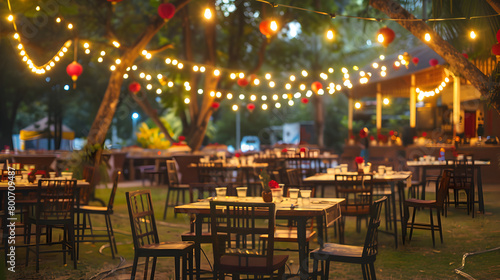 A large outdoor restaurant with tables and chairs set up for a party. The tables are covered with white tablecloths and there are many chairs around them. The atmosphere is festive and inviting