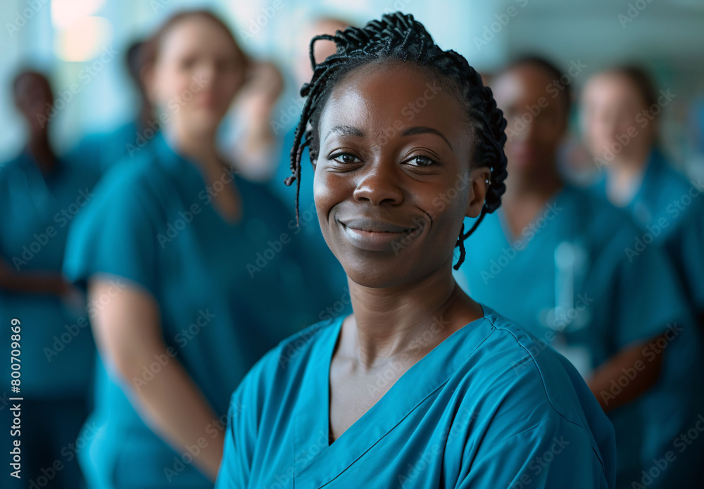 portrait of a smiling black nurse in front of a group of other nurses in a hospital portrait of a smiling black nurse in front of a group of other nurses in a hospital