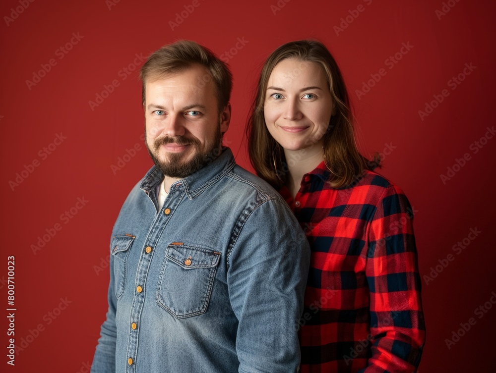 Smiling Casual Couple in Denim and Plaid. Generative AI. Smiling Casual Couple in Denim and Plaid. Generative AI.