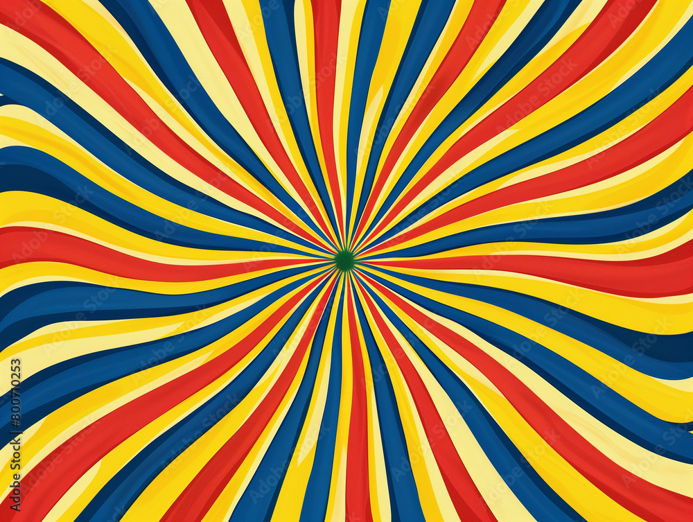 Arrière-plan inspiré des 70s, lignes axiales avec effet de mouvement, alternance de lignes colorées abstraites jaune, rouge et bleue avec point central, fleur stylisée