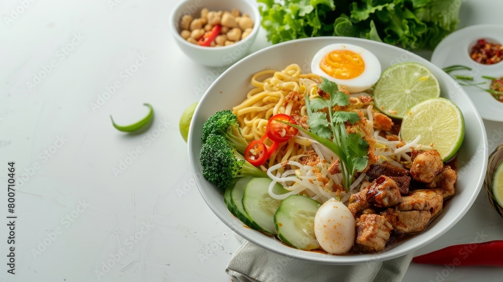Indonesia chicken noodle with chilies and vegetable copy space background Indonesia chicken noodle with chilies and vegetable copy space background