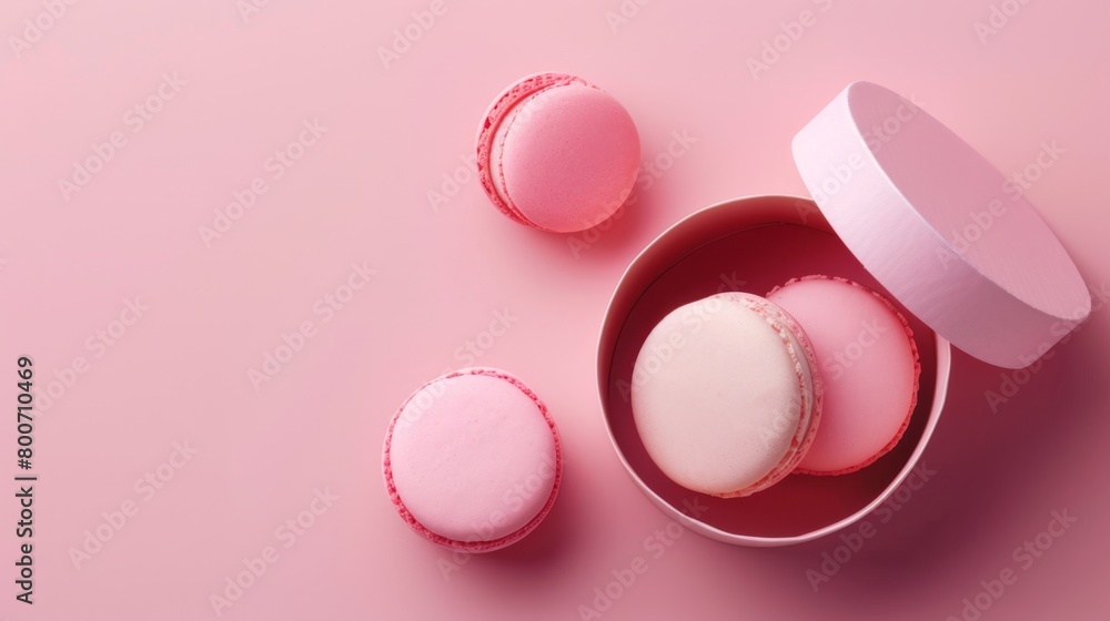 Fototapeta premium Mini macaroon on paper box gift package copy space isolated pink background