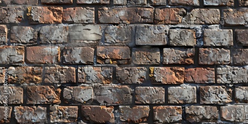 Aged brick wall with abundant cracks and grime. Urban deterioration scene.