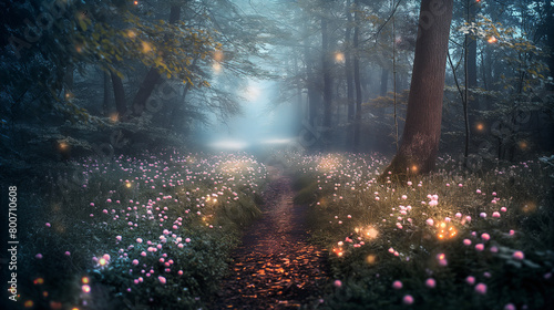 Surreal forest with glowing flowers and a misty path
