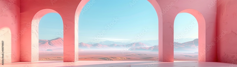 Surreal pink arches with a desert landscape backdrop