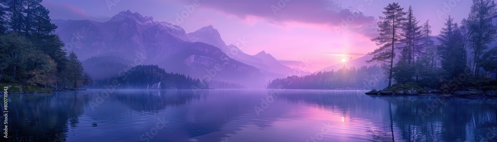 Fototapeta premium Surreal purple mountain landscape with a serene lake at twilight
