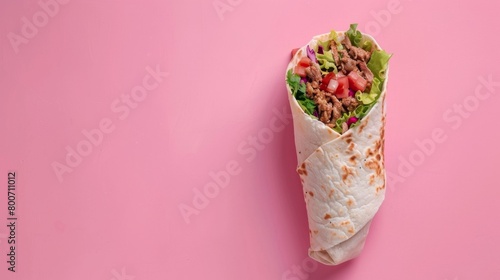 Flat lay shawarma beef baked wrapped with bread copy space isolated background