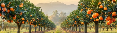 Vibrant illustration of citrus trees in a lush orchard photo