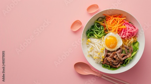 Mox beef bibimbap with vegetable slice and egg traditional Korean food homemade photo