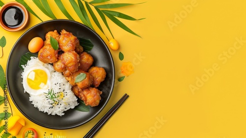 Flat lay chicken karage with rice, sesame and egg on black plate copy space